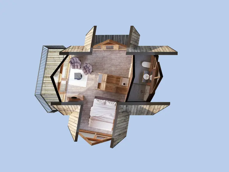 TreeLoft FideliO | Zimmerskizze Baumhaus | 32m² | 2 Personen | HochLeger Luxus Chalets
